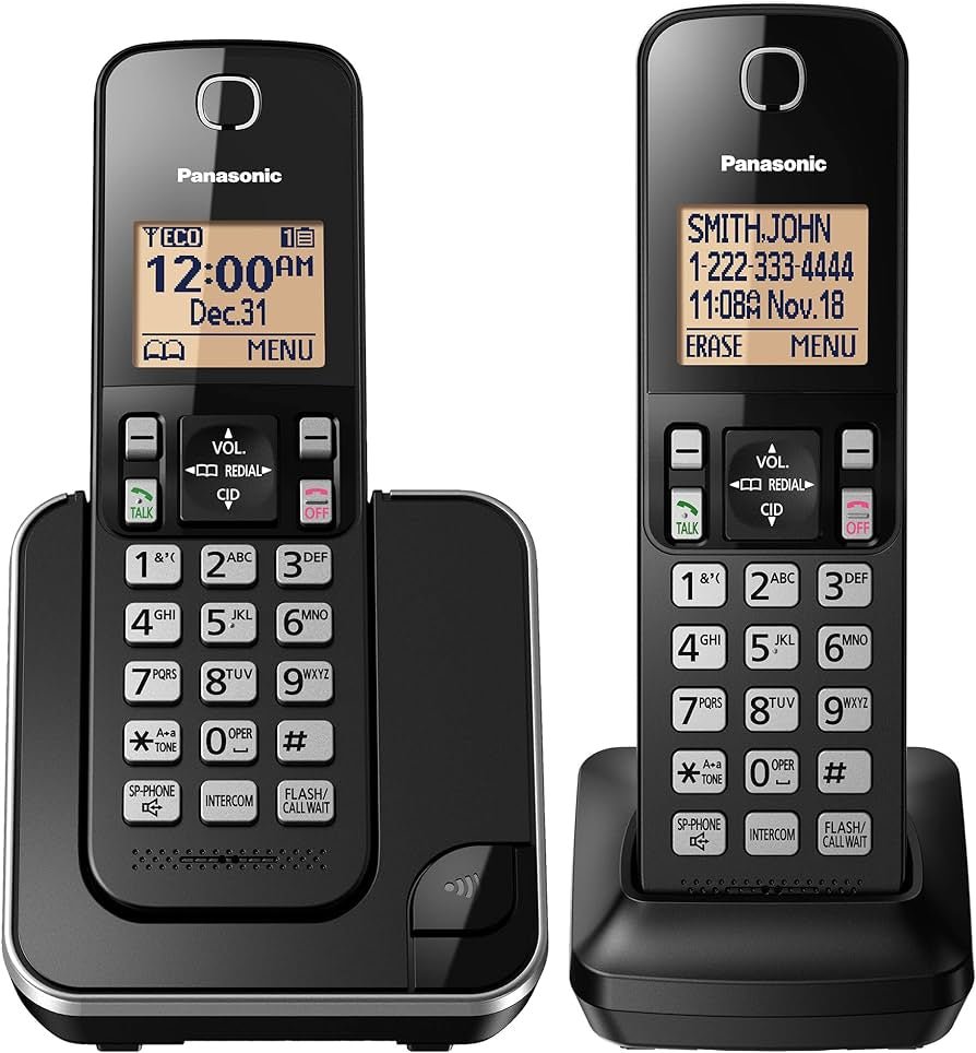 Panasonic KX - TGC352B Cordless Phone - 2 - Handset, Amber Backlit Display, Black