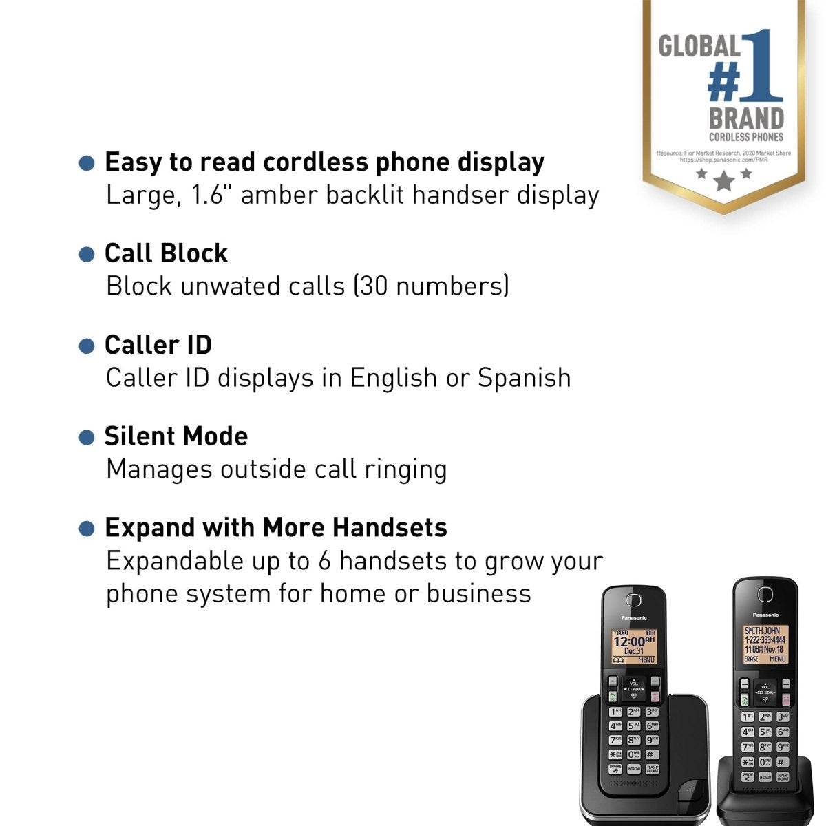 Panasonic KX - TGC352B Cordless Phone - 2 - Handset, Amber Backlit Display, Black