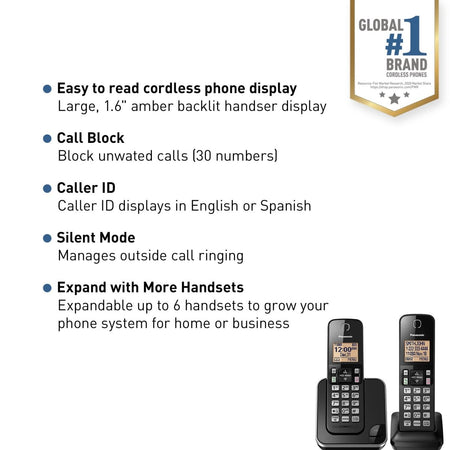 Panasonic KX - TGC352B Cordless Phone - 2 - Handset, Amber Backlit Display, Black